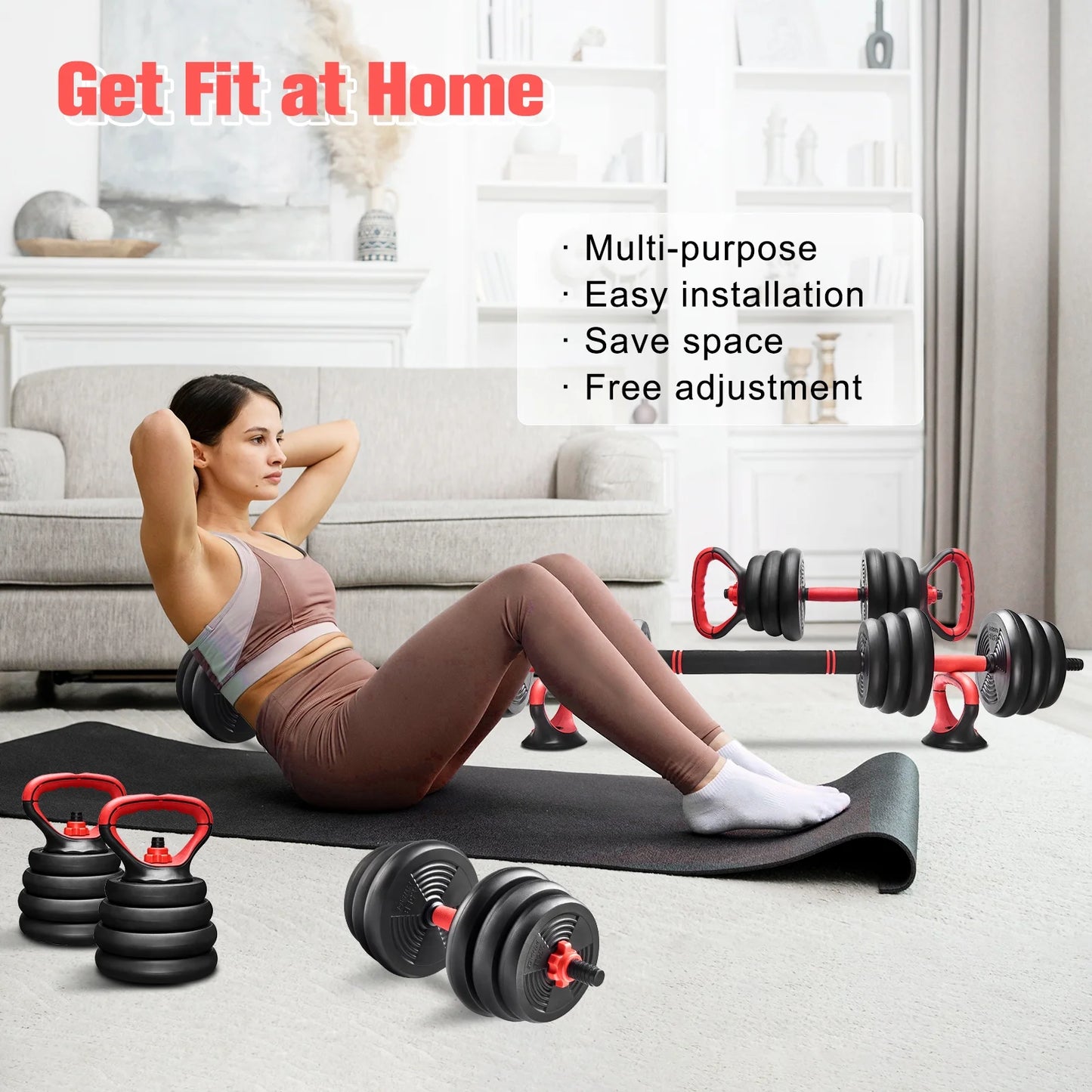 Pithage 5 in 1 Dumbbell Barbell Kettlebell Set 40LB Adjustable Free Weight Set for Home Gym, Black