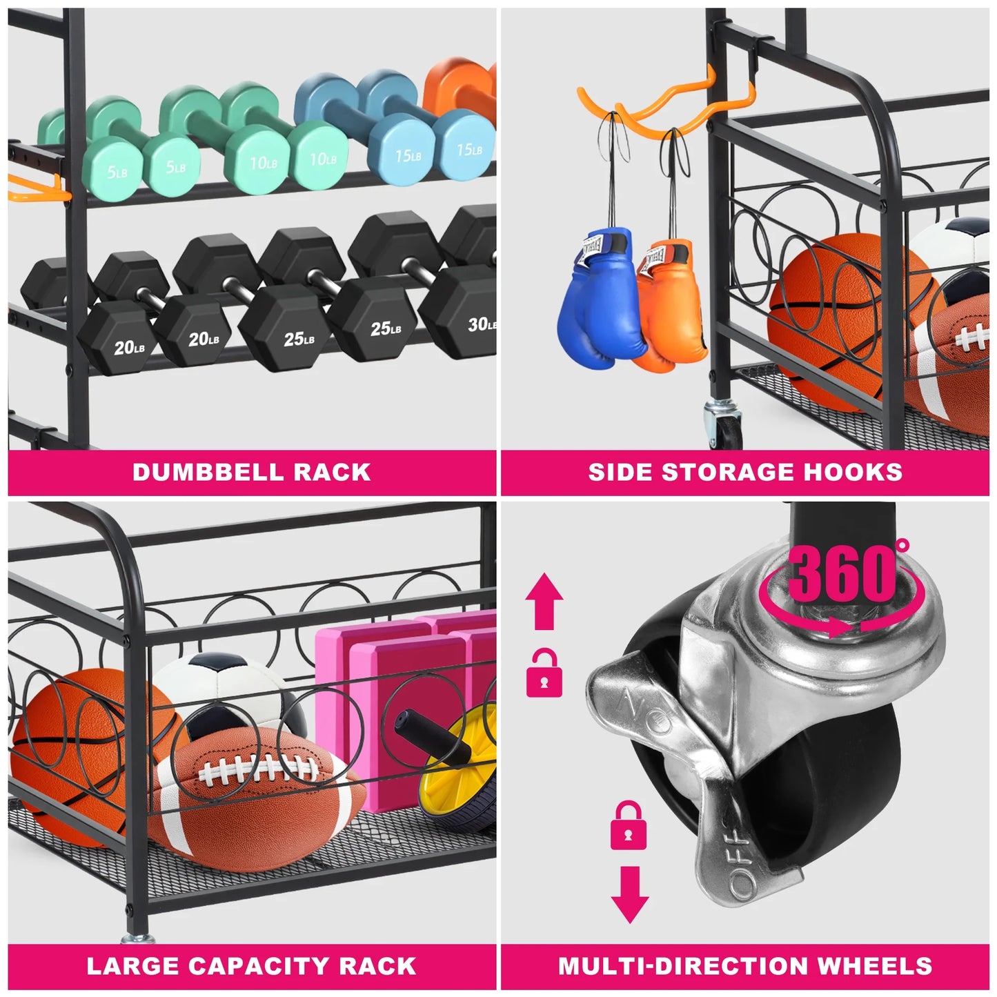 Home Gym Storage Rack, All-In-One Weight Rack for Dumbbells, Kettlebells, Yoga Mats, Foam Rollers, Resistance Bands, Workout Equipment Storage Organizer with Hooks and Basket, Black
