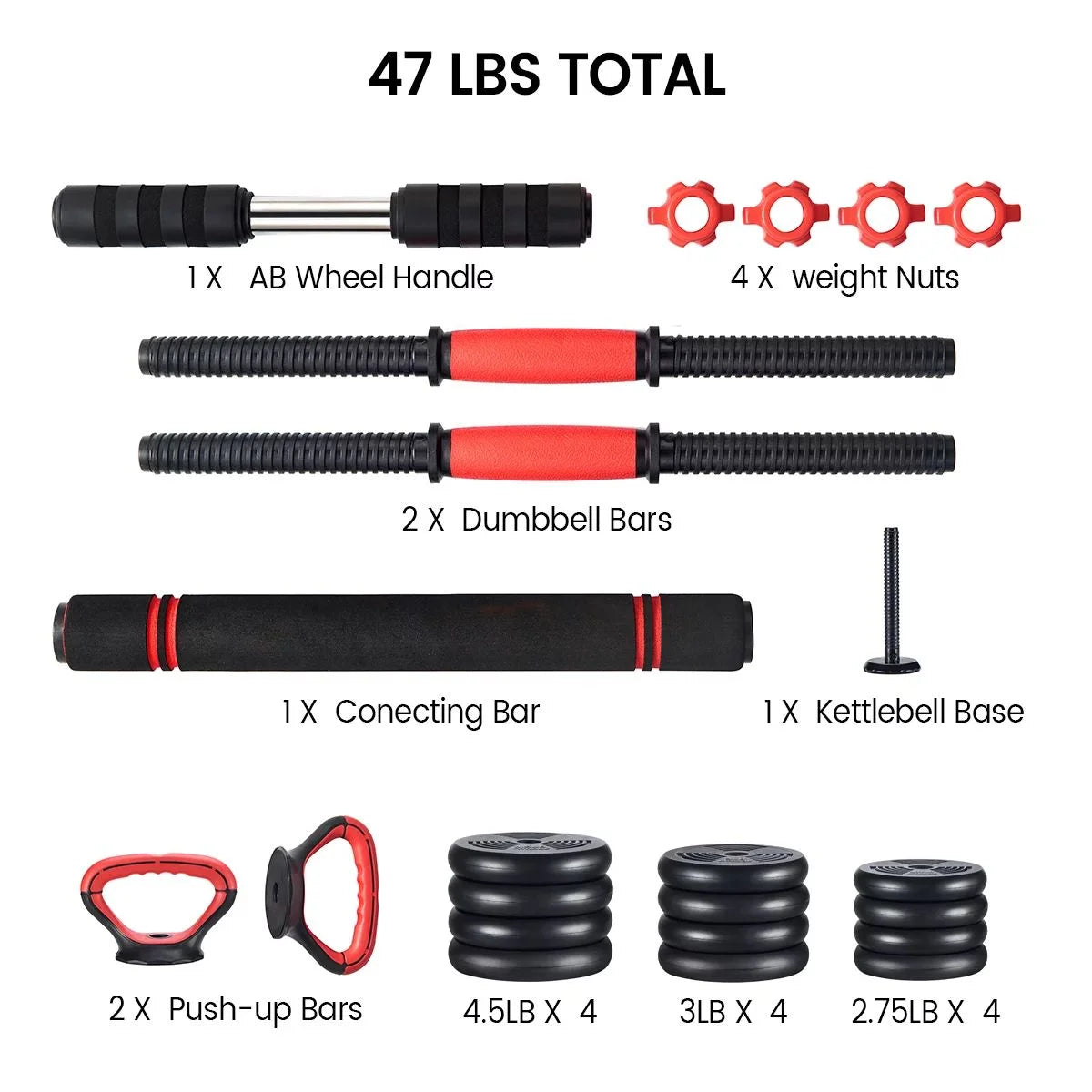 Pithage 5 in 1 Dumbbell Barbell Kettlebell Set 40LB Adjustable Free Weight Set for Home Gym, Black