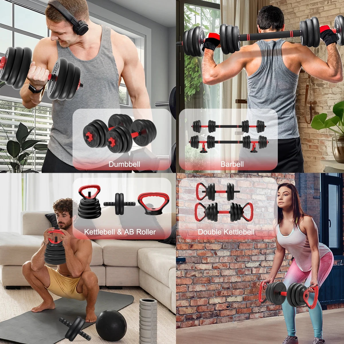 Pithage 5 in 1 Dumbbell Barbell Kettlebell Set 40LB Adjustable Free Weight Set for Home Gym, Black