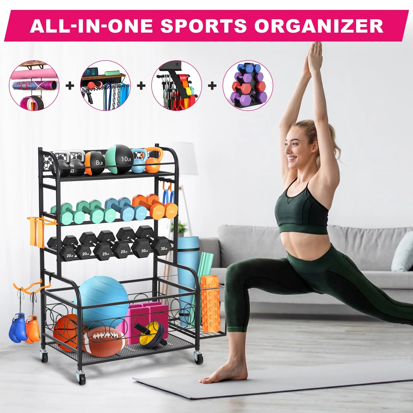 Home Gym Storage Rack, All-In-One Weight Rack for Dumbbells, Kettlebells, Yoga Mats, Foam Rollers, Resistance Bands, Workout Equipment Storage Organizer with Hooks and Basket, Black