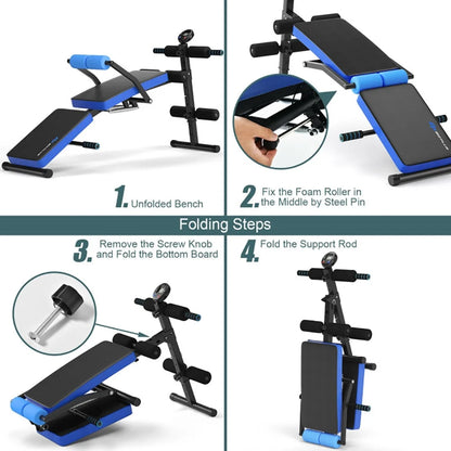 Adjustable Sit up Bench with LCD Monitor, Home Gym Workout Station Leg Exercise Machine, Blue