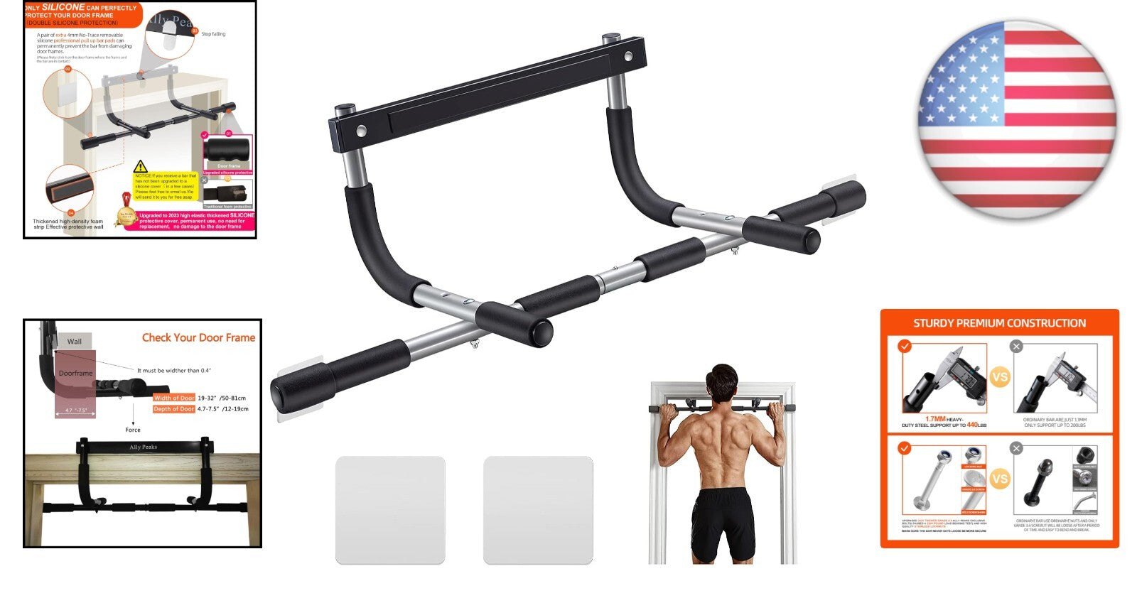 Portable Doorway Pull-Up Bar - 440 Lbs Limit with Upgraded Silicone Protection