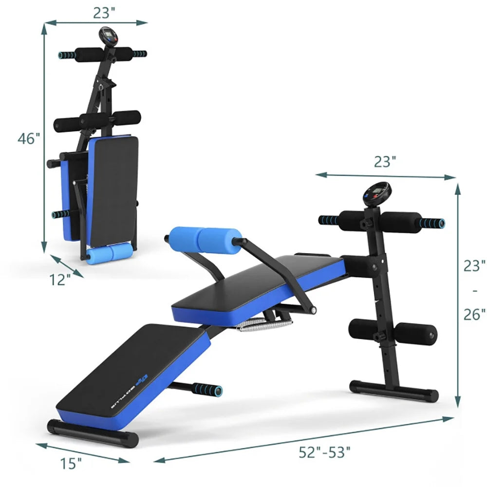 Adjustable Sit up Bench with LCD Monitor, Home Gym Workout Station Leg Exercise Machine, Blue