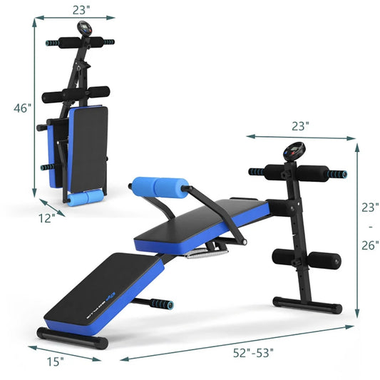 Adjustable Sit up Bench with LCD Monitor, Home Gym Workout Station Leg Exercise Machine, Blue