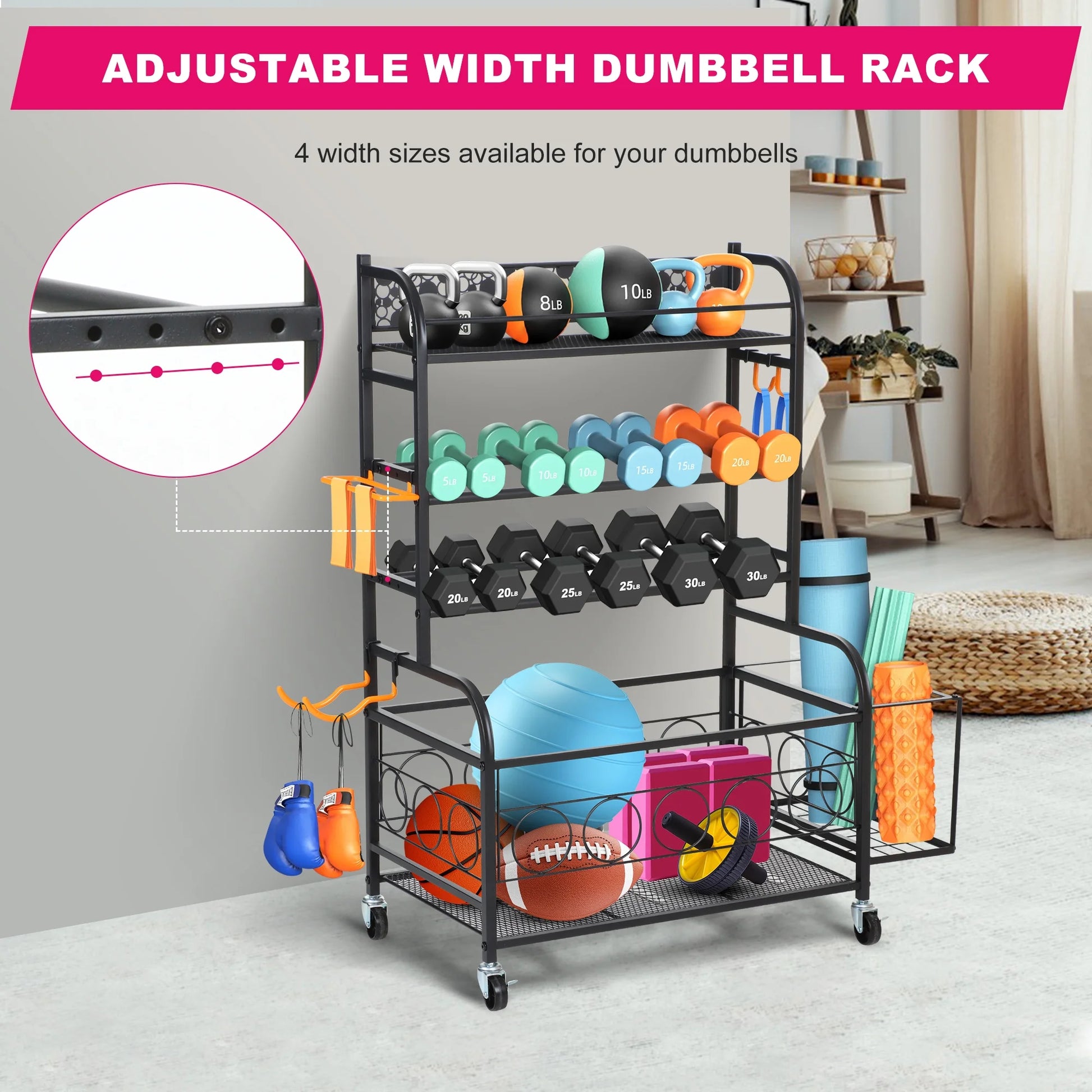 Home Gym Storage Rack, All-In-One Weight Rack for Dumbbells, Kettlebells, Yoga Mats, Foam Rollers, Resistance Bands, Workout Equipment Storage Organizer with Hooks and Basket, Black
