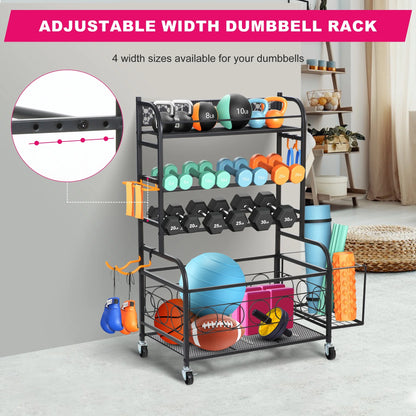 Home Gym Storage Rack, All-In-One Weight Rack for Dumbbells, Kettlebells, Yoga Mats, Foam Rollers, Resistance Bands, Workout Equipment Storage Organizer with Hooks and Basket, Black