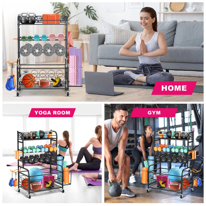Home Gym Storage Rack, All-In-One Weight Rack for Dumbbells, Kettlebells, Yoga Mats, Foam Rollers, Resistance Bands, Workout Equipment Storage Organizer with Hooks and Basket, Black