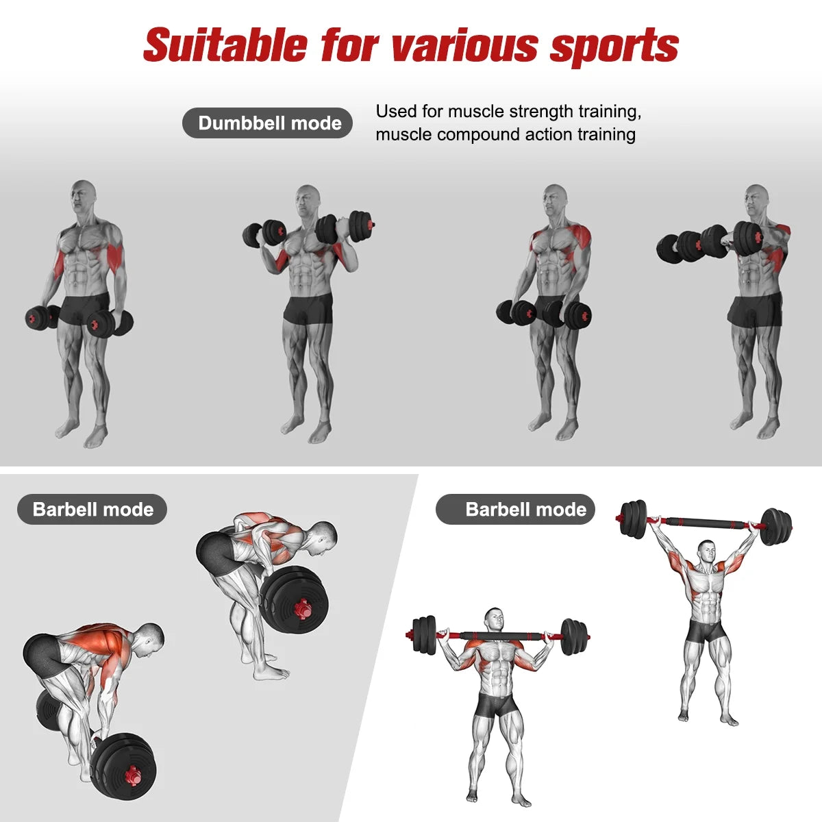 Pithage 5 in 1 Dumbbell Barbell Kettlebell Set 40LB Adjustable Free Weight Set for Home Gym, Black