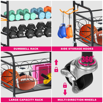 Home Gym Storage Rack, All-In-One Weight Rack for Dumbbells, Kettlebells, Yoga Mats, Foam Rollers, Resistance Bands, Workout Equipment Storage Organizer with Hooks and Basket, Black
