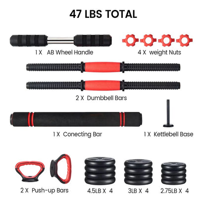 Pithage 5 in 1 Dumbbell Barbell Kettlebell Set 40LB Adjustable Free Weight Set for Home Gym, Black