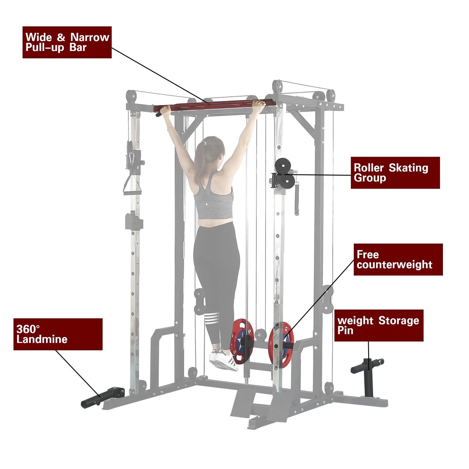 Power Cage, 1400LBS Squat Rack with Cable Crossover System, Home Gym Equipment Multi-Function Smith Machine with LAT Pulldown System Training Attachments