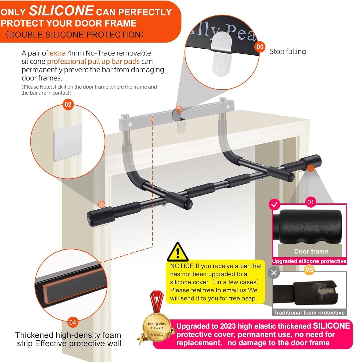 Portable Doorway Pull-Up Bar - 440 Lbs Limit with Upgraded Silicone Protection
