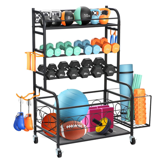 Home Gym Storage Rack, All-In-One Weight Rack for Dumbbells, Kettlebells, Yoga Mats, Foam Rollers, Resistance Bands, Workout Equipment Storage Organizer with Hooks and Basket, Black