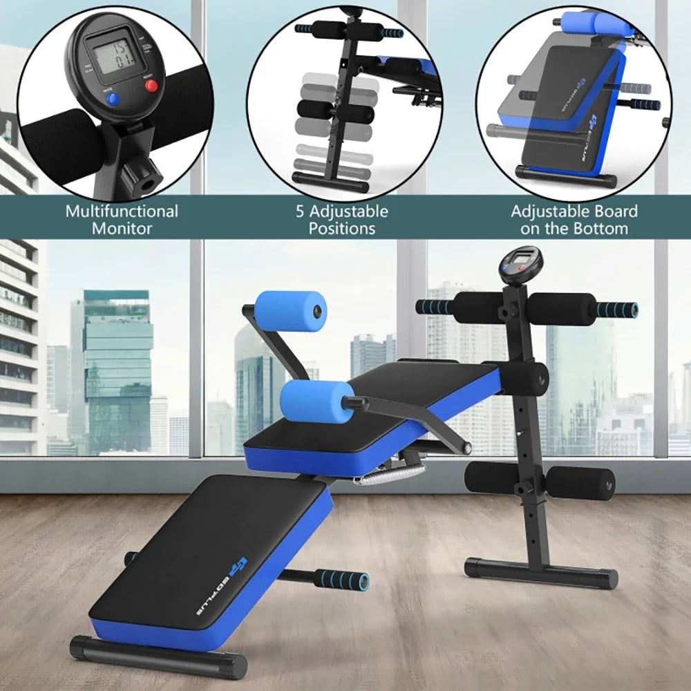 Adjustable Sit up Bench with LCD Monitor, Home Gym Workout Station Leg Exercise Machine, Blue