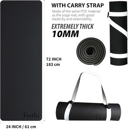 Extra Thick Exercise Yoga Mat with Strap - 2/5 Inch (10MM), Non-Slip Workout Mat for Yoga, Pilates, and Floor Exercises