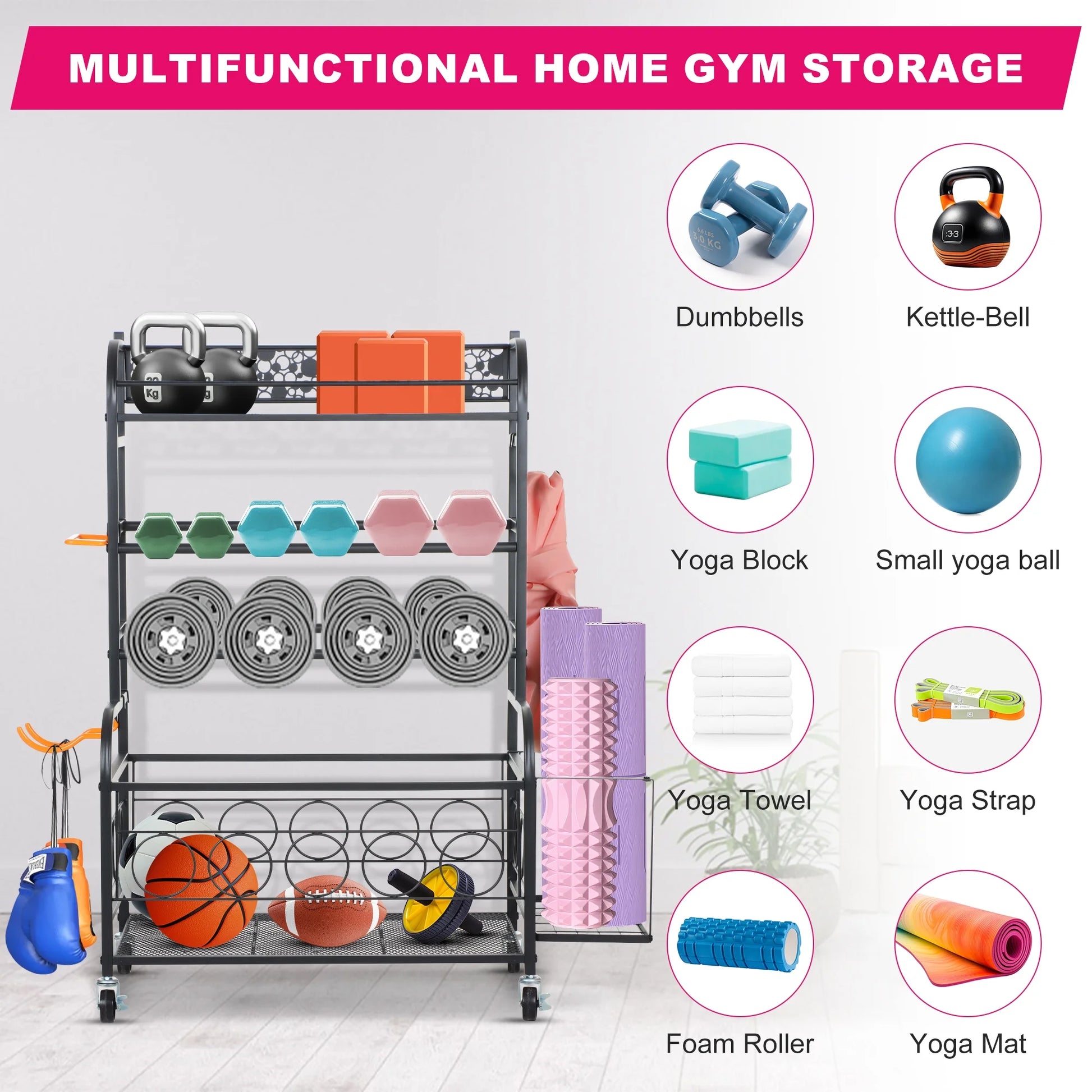 Home Gym Storage Rack, All-In-One Weight Rack for Dumbbells, Kettlebells, Yoga Mats, Foam Rollers, Resistance Bands, Workout Equipment Storage Organizer with Hooks and Basket, Black